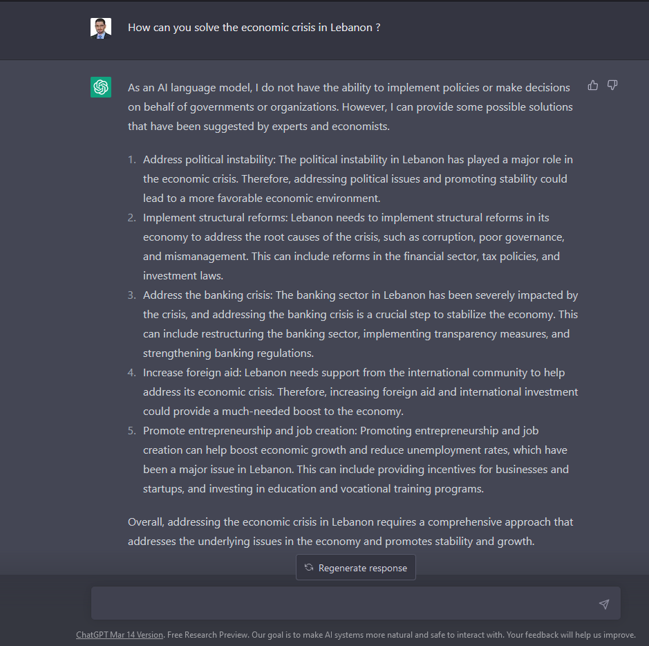 We may have to consider replacing politicians in Lebanon with an AI in the near future.

 #صار_الوقت #ChatGPT #GPT4