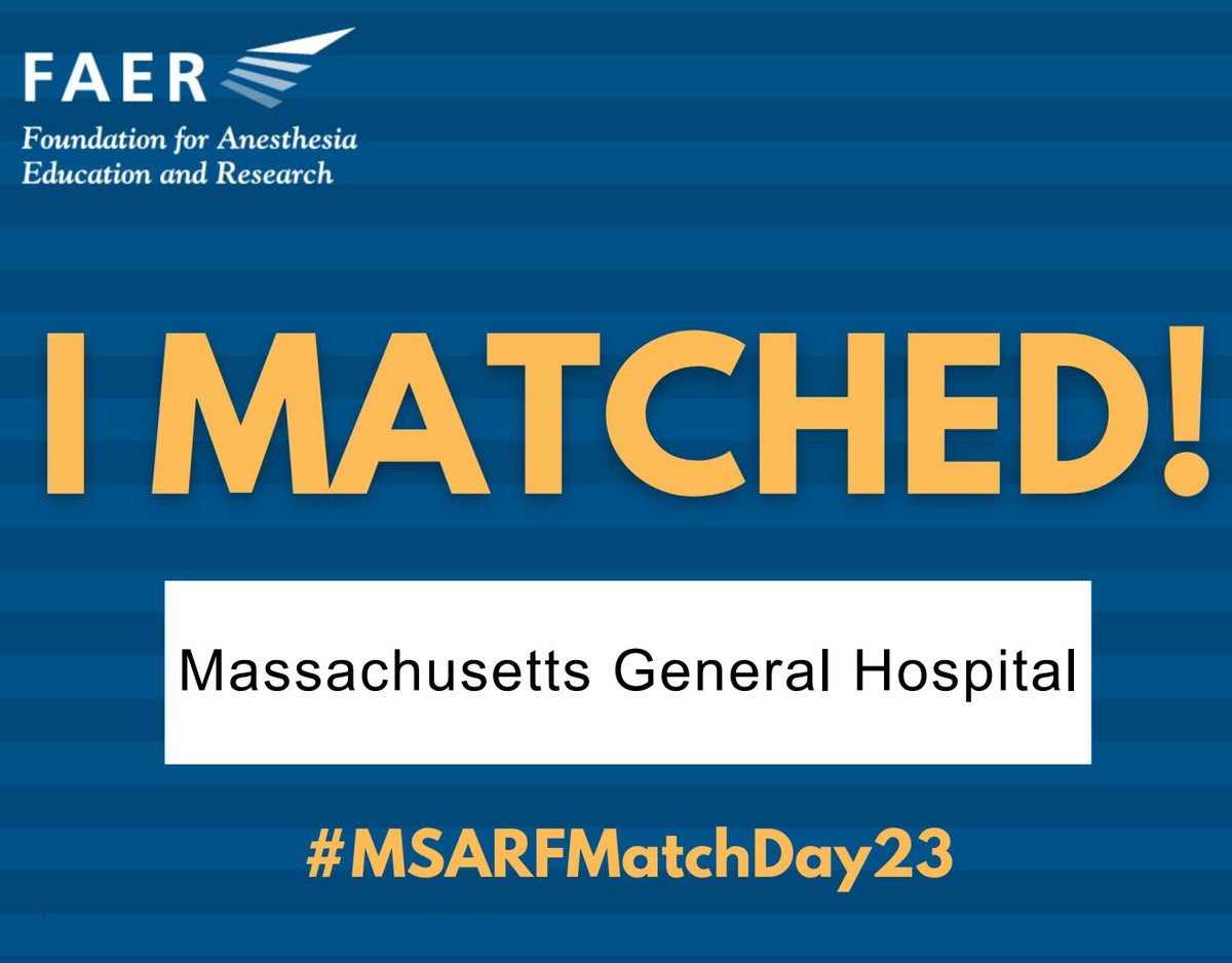 WOW!!! I’ve matched at 
<a href="/MGHanesthesia/">Mass General Anesthesia</a> 
 as a 2023 Medical Student Anesthesia Research Fellow as a part of the <a href="/FAERanesthesia/">FAER</a>
 Medical Student Anesthesia Research Fellow (MSARF) Summer Program. I am SO excited and grateful for this opportunity!
#FAERmsarf #MSARFMatchDay23