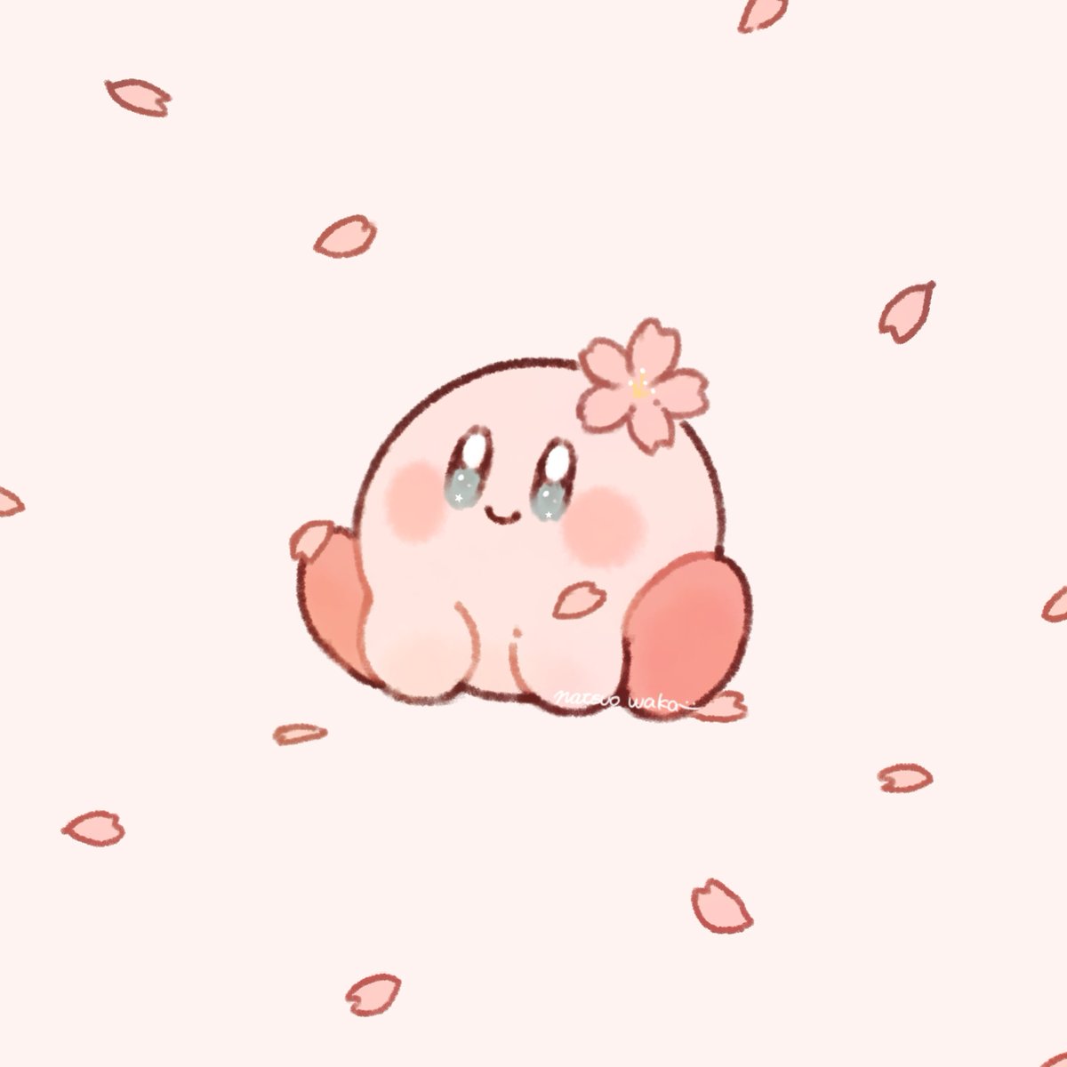 kirby no humans smile petals flower sitting cherry blossoms solo  illustration images