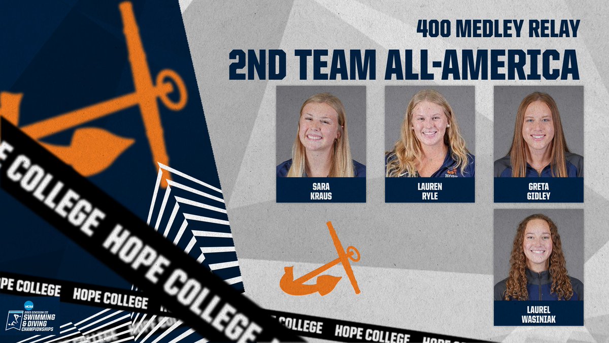Hope College Athletics (@hopeathletics) on Twitter photo The Hope College women's 400-yard medley relay finished 14th at the <a href="/NCAADIII/">NCAA Division III</a> Swim/Dive Championships after freshman Laurel Wasiniak, and sophomores Sara Kraus, Greta Gidley and Lauren Ryle clocked a time of 3:48.19 in the 'B' final.
<a href="/MIAA1888/">#D3MIAA Sports</a> #d3swim The Hope College women's 400-yard medley relay finished 14th at the <a href="/NCAADIII/">NCAA Division III</a> Swim/Dive Championships after freshman Laurel Wasiniak, and sophomores Sara Kraus, Greta Gidley and Lauren Ryle clocked a time of 3:48.19 in the 'B' final.
<a href="/MIAA1888/">#D3MIAA Sports</a> #d3swim