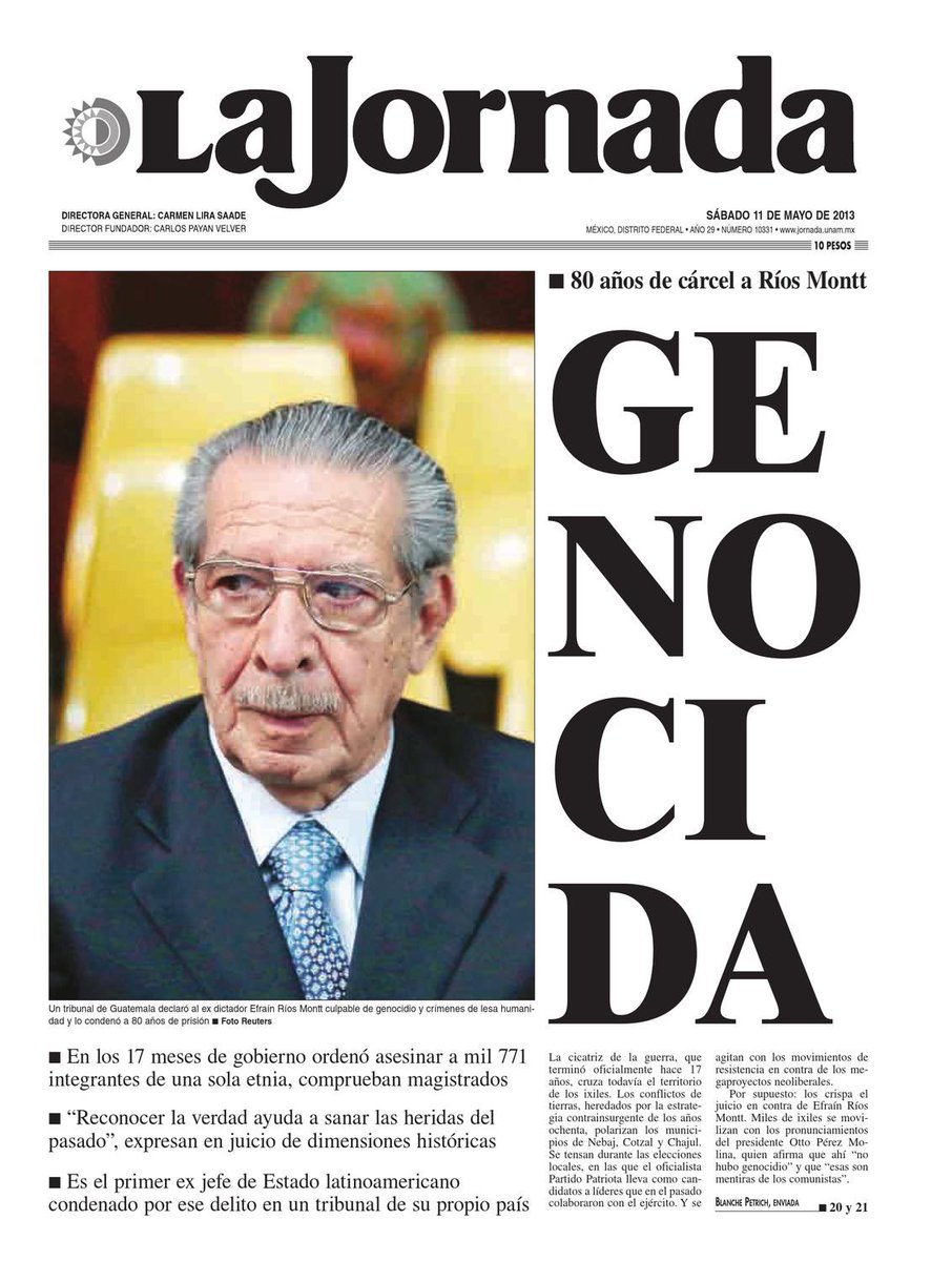 En Guatemala si hubo genocidio!!!!

El asesino golpista Efrain Rios Montt fue condenado por genocida.

Sus últimos días los vivió como un vil cobarde. Hasta que perdió la razón y quedó como un viej0 senil y demacrado 

#EnGuatemalaSiHuboGenocidio 
#Guatemala 
#Genocidio
#Asesino