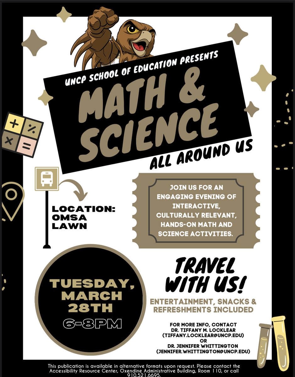 The School of Education is delighted to partner with Old Main STREAM Academy for another night of Math and Science fun!
🍎🧮➕✖️🔬🧪🥼

When: Tuesday, March 28th
Where: OMSA Lawn
Time: 6-8 pm