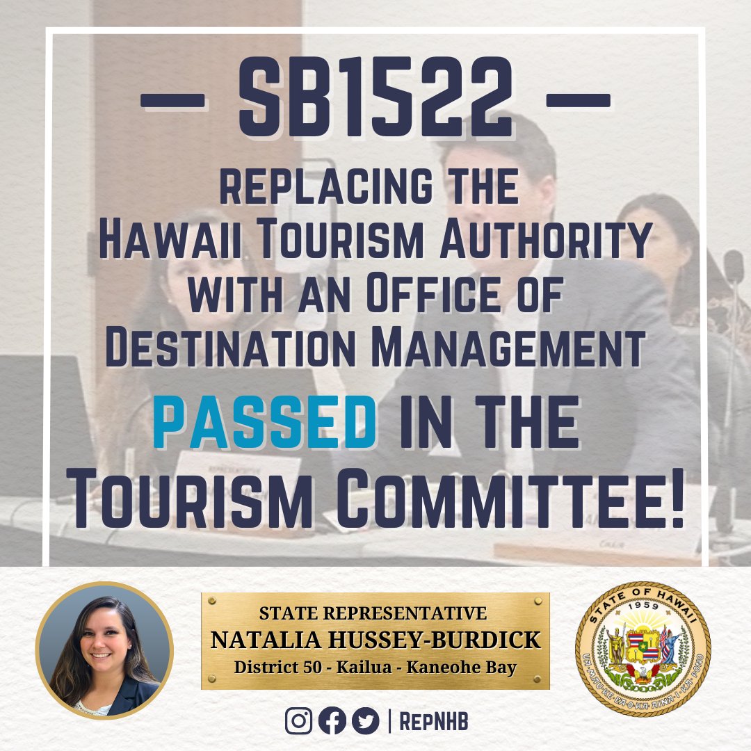 RepNHB's tweet photo. Today, the Tourism Committee passed SB1522, a bill that would dissolve the HTA and replace it with an Office of Destination Management. 

Mahalo to the introducers and Chairs who have been working hard on this bill!

#RepNHB
#RegenerativeTourism
#DestinationManagement https://t.co/gqwlORxYrt