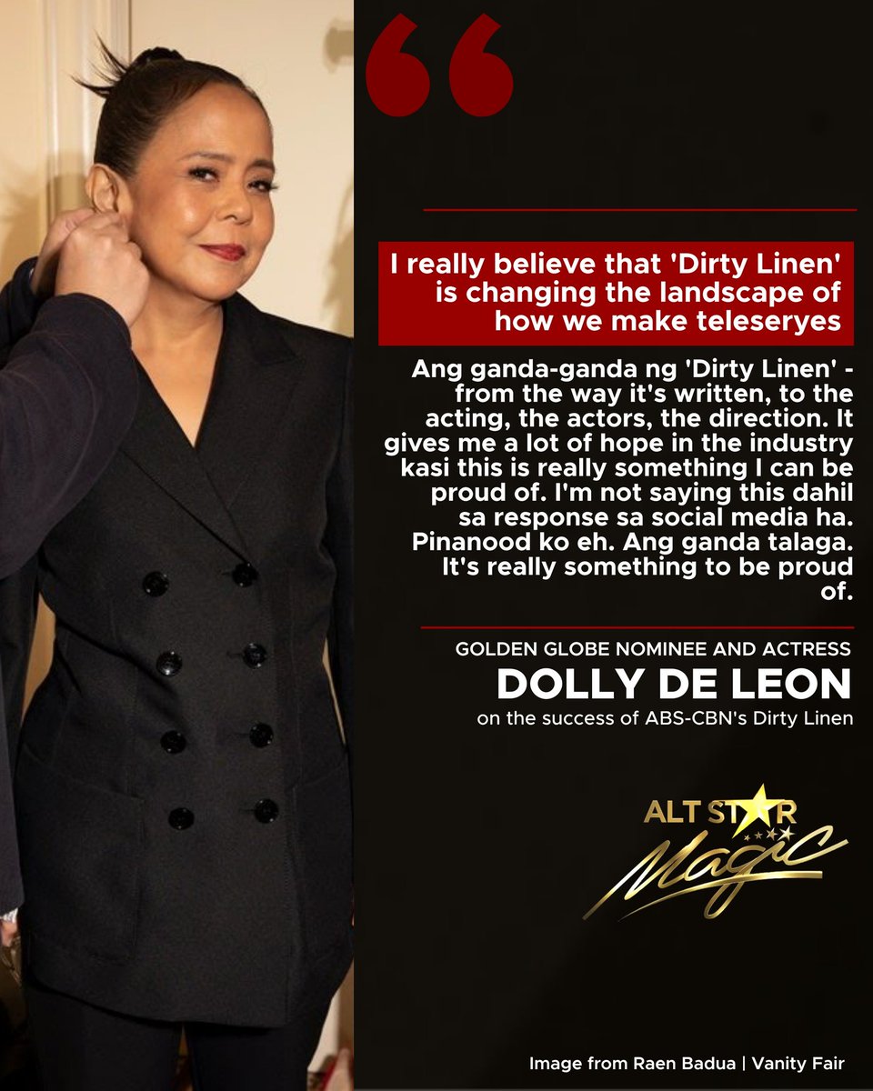 AltStarMagic's tweet photo. LOOK: "Dirty Linen is changing the landscape of how we make teleseryes" - @DollyEdeLeon

Golden Globe nominee and award-winning actress, Dolly De Leon, ipinagmalaki ang overall production at quality storytelling ng hit series na #DirtyLinen ✨

CONTENT IS KING 💁🏻‍♀️ | @DreamscapePH https://t.co/yY4KaLxSDW