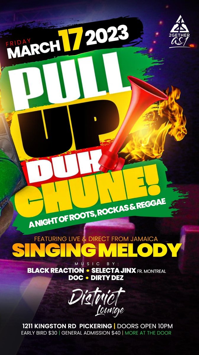 oneunitent's tweet image. #PullUpDuhChune 🎉 Tonight 
@ District Lounge 

 Legendary artist
@SingingMelody will be live!!

💥 @MrRonDukes
💥 @2GetherAs1Ent

#roots 🔴 #Rockas 🟡 #Reggae 🟢
Log onto ticketgateway.com/event/view/pul…

Or link me @ 647-993-8648

#reggae #music