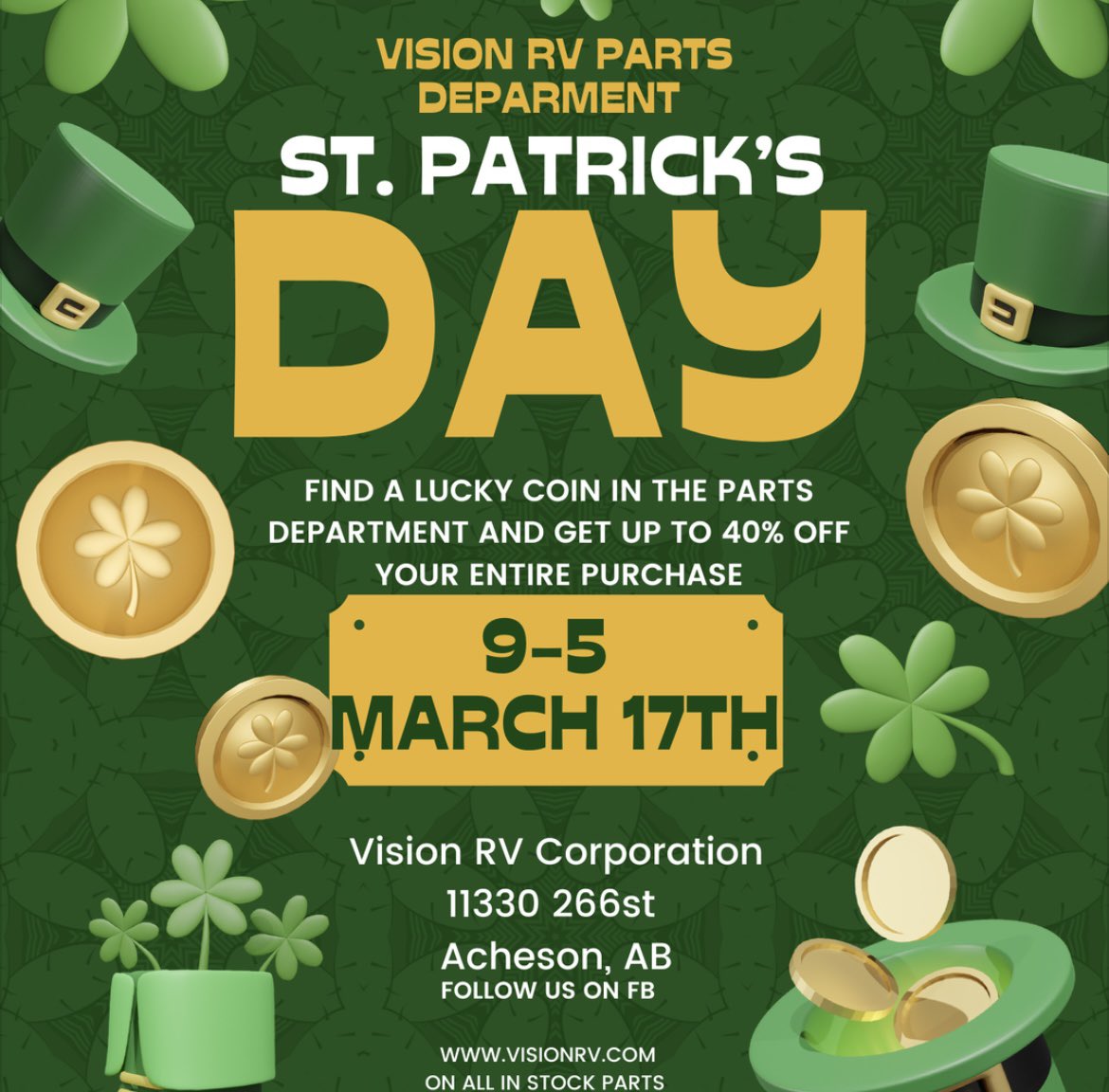 Stop by tomorrow find a lucky coin in the parts department and get the amount on the coin off your full purchase! Come in wearing Green and get an extra 5% off!!! #stpaddysday #StPatrickDay #rvdealer
