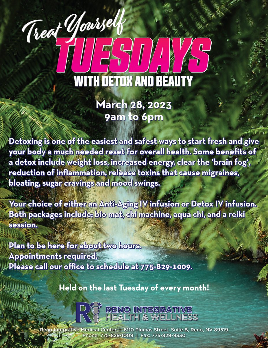 RenoIntegrative's tweet photo. Treat yourself Tuesdays, coming up! 😃Your choice of either an Anti-Aging IV infusion or Detox IV infusion. Both packages include: bio mat, chi machine, aqua chi, and a reiki session.💪💯
#renointegrativehealthandwellness #treatyourselftuesdays #detox #weightloss #increasedenergy https://t.co/o7uk0dPv5v