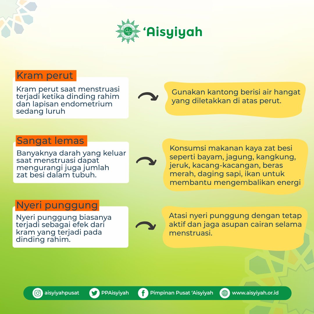 PPAisyiyah's tweet photo. Sahabat 'Aisyiyah menstruasi sebagai salah satu siklus reproduksi perempuan akan dirasakan berbeda oleh setiap perempuan. Beberapa akan mengalami keluhan yg tidak dirasakan oleh perempuan lain. 

#aisyiyah #menstruasi #kespro #kesehatanreproduksi #Islam #muhammadiyah #perempuan https://t.co/m8rXWpHvFq