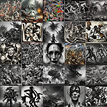 rastyrcom's tweet photo. A chaotic scene featuring distorted figures and animals, set against a stark black and white background, representing the horrors of war. Sc... - made with NightCafe Creator  https://t.co/79Kim4gXdi #aiart #nightcafe #digitalart #vqganclip via @NightcafeStudio https://t.co/mIkFIoiHrk