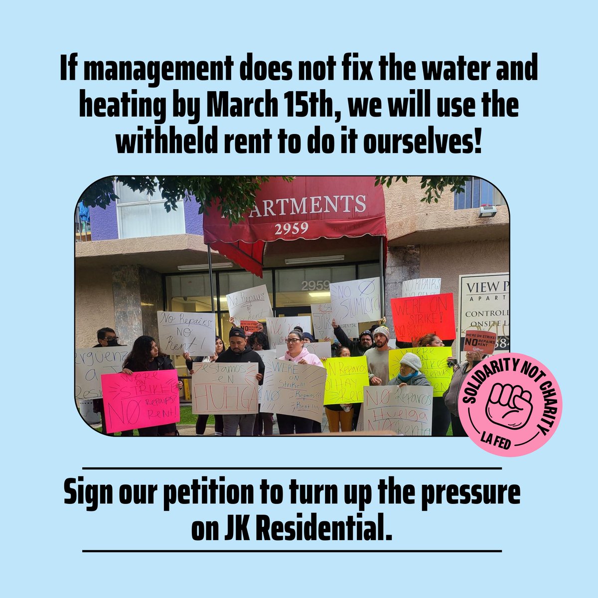 On 3/1, residents @ #ViewPointeApts announced they were going on strike unless management fixed issues including the lack of hot water &amp; heating – both mandated by the State of #CA to consider a unit habitable. Sign our petition to support: tinyurl.com/TimesUpJKRSI ✊