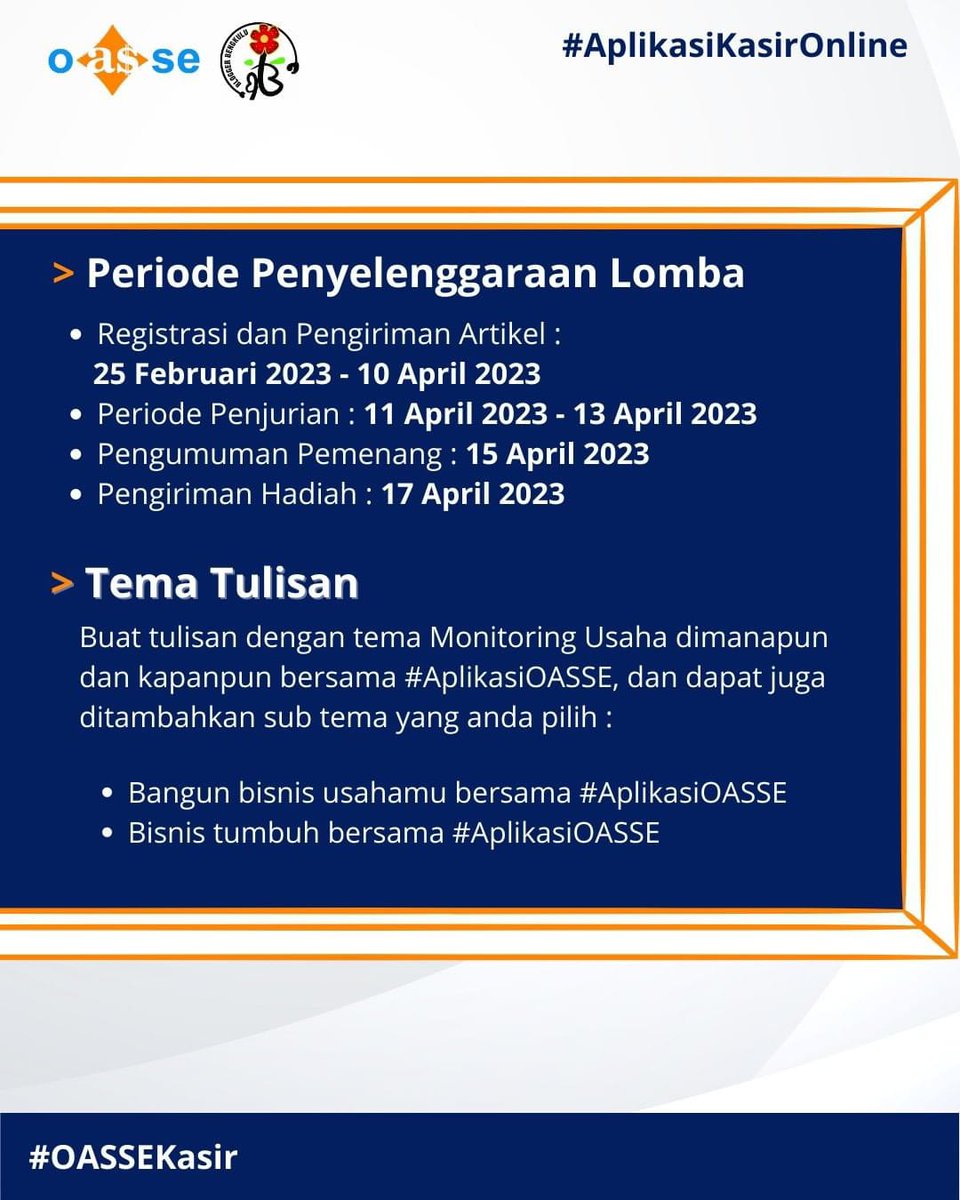 ConnectingMama's tweet photo. Hallo MOms, ikutan Blog Competition yuk! Kali ini seputar "Monitoring usaha dimanapun dan kapanpun bersama #aplikasiOASSE".
Kamu bisa menulis berdasarkan hasil pengalaman, hasil riset, dan ide kreatif sesuai tema yang dilombakan. https://t.co/dOVUeldpMM