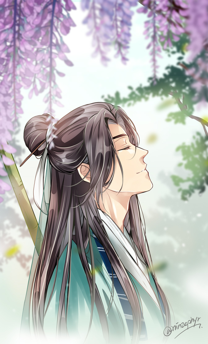 1boy male focus long hair closed eyes solo chinese clothes hair bun  illustration images