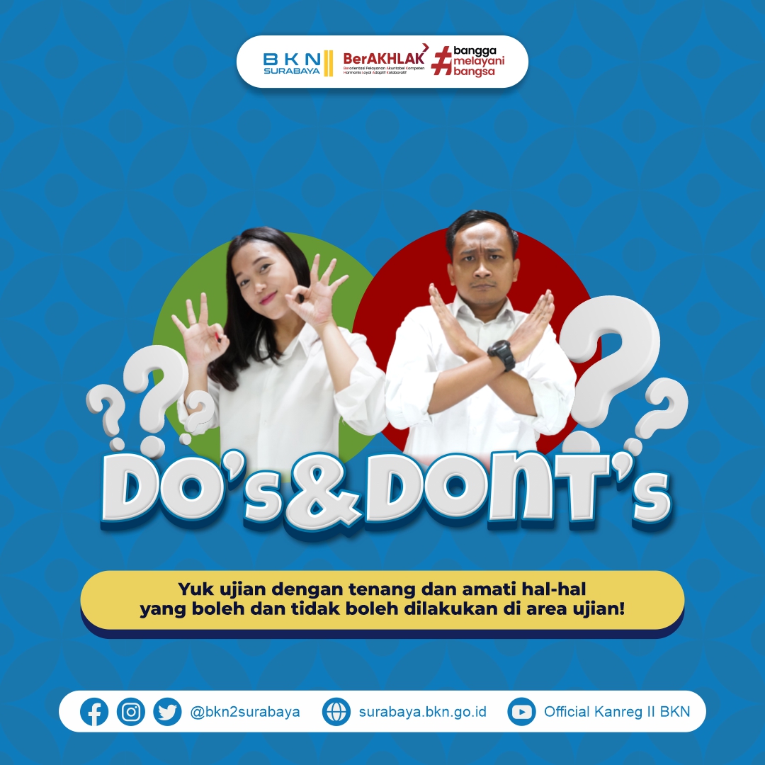 bkn2surabaya's tweet photo. Sudah siap mengikuti Seleksi Kompetensi PPPK Tenaga Teknis 2022??
Cek kembali apa saja yang boleh dan tidak boleh dilakukan selama mengikuti seleksi yaa #SobatBKN??
#PPPKTenkes #ASN #ASNBanggaMelayaniBangsa #CATBKN https://t.co/NEv5Drf9R2
