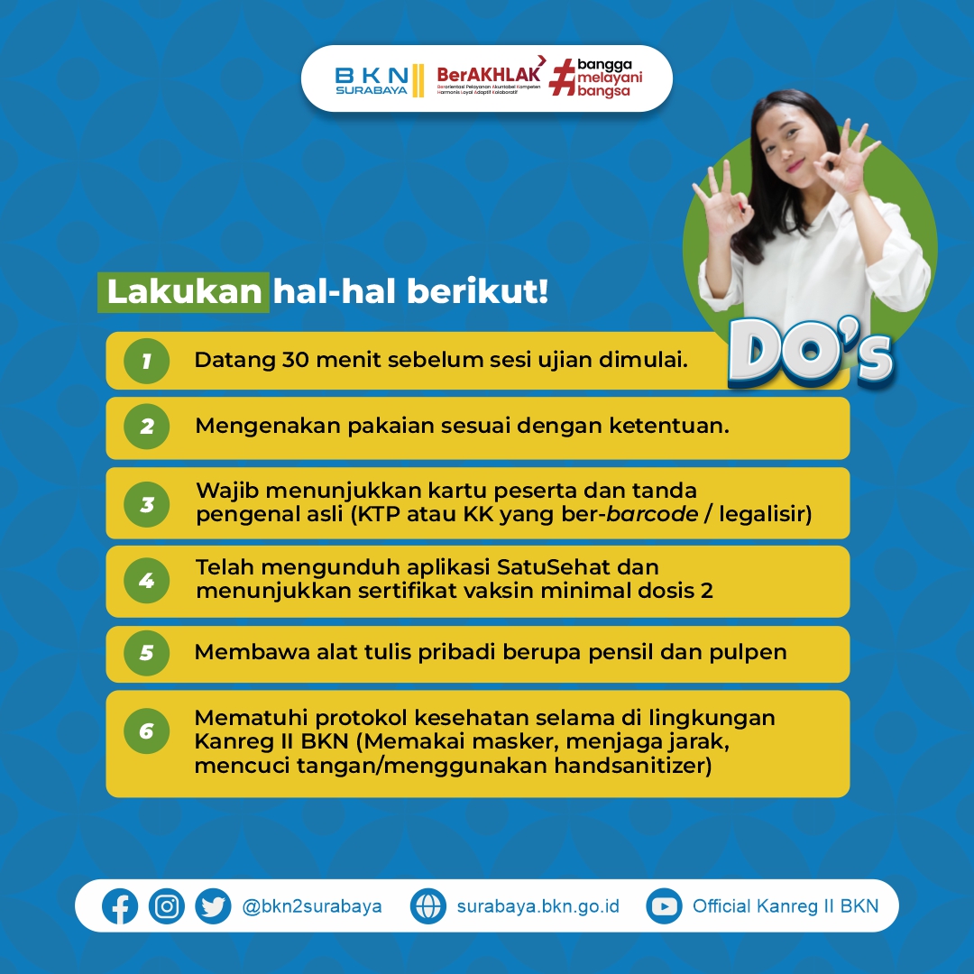 bkn2surabaya's tweet photo. Sudah siap mengikuti Seleksi Kompetensi PPPK Tenaga Teknis 2022??
Cek kembali apa saja yang boleh dan tidak boleh dilakukan selama mengikuti seleksi yaa #SobatBKN??
#PPPKTenkes #ASN #ASNBanggaMelayaniBangsa #CATBKN https://t.co/NEv5Drf9R2