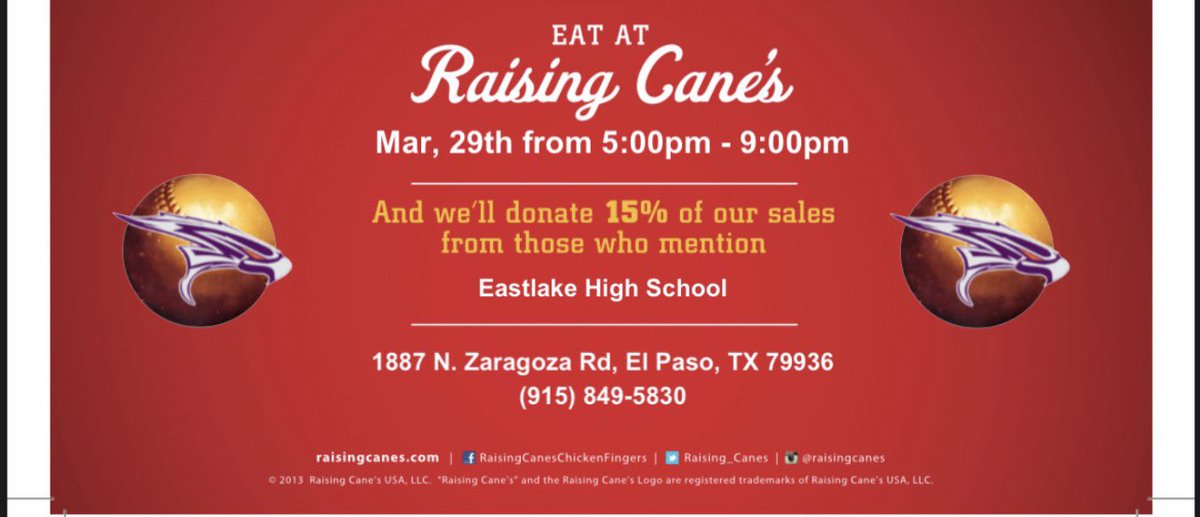 EHS Softball Booster (@ehssballbooster) on Twitter photo Come Out and Support The <a href="/EastlakeSoftba1/">EastlakeSoftball</a> Program at our Raising Funds w/ Raising Canes Fundraiser. SImply mention Eastlake HS Softball and <a href="/raisingcanes/">Raising Cane's</a> will donate 15% to our program! fb.me/e/6vZcgKWoh?mi… Come Out and Support The <a href="/EastlakeSoftba1/">EastlakeSoftball</a> Program at our Raising Funds w/ Raising Canes Fundraiser. SImply mention Eastlake HS Softball and <a href="/raisingcanes/">Raising Cane's</a> will donate 15% to our program! fb.me/e/6vZcgKWoh?mi…