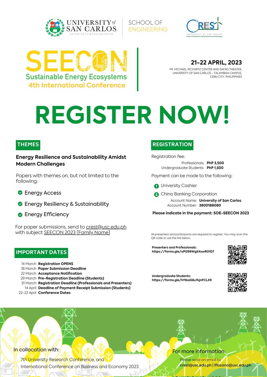 Registration is now open for the 4th Sustainable Energy Ecosystems International Conference (SEECON). Papers with themes on energy access, resiliency, sustainability, and efficiency are accepted until March 18, 2023. See poster for registration deadline.

#UShapeConversations