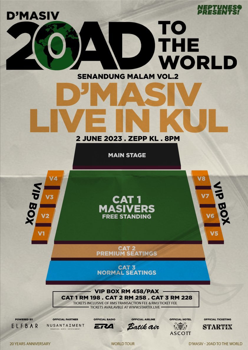 fakamera's tweet photo. HELP RT] Ticketing Service for D’MASIV 20AD TO THE WORLD TOUR - LIVE IN KL

😘Limited slot 
😘Trusted
😘Experience in many concert ticketing.
 
DM me if you're interested 
Thank you ☺️

#senandungmalam #dmasiv #dmasiv20adtotheworld #masivers https://t.co/SNFLD9cgM6