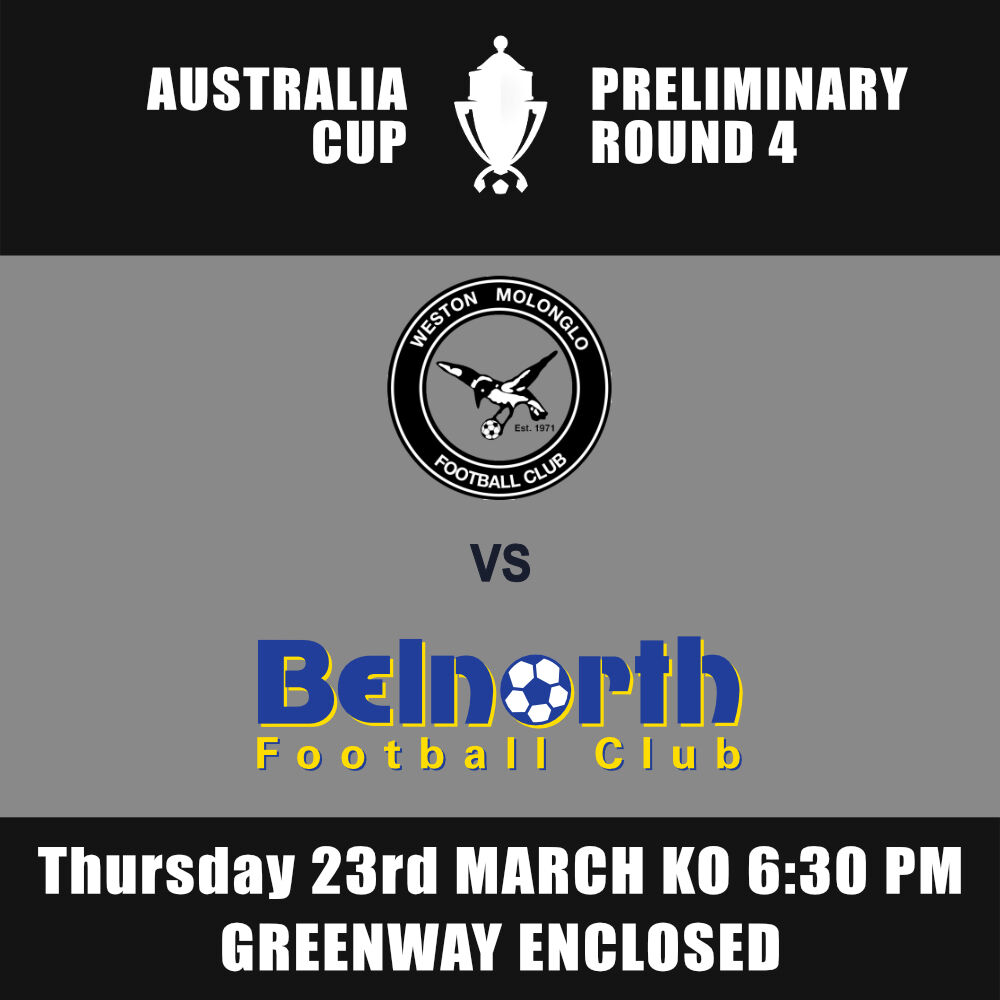 BelnorthFC's tweet photo. The next Australia Cup fixture is set for the 4th preliminary round. Belnorth FC take on Weston Molonglo away, down at Greenway Enclosed, on Thursday the 23rd of March with a 6:30 pm kick-off. If you can make it, cheer on the boys for a push into the next round! https://t.co/JajzQbx708