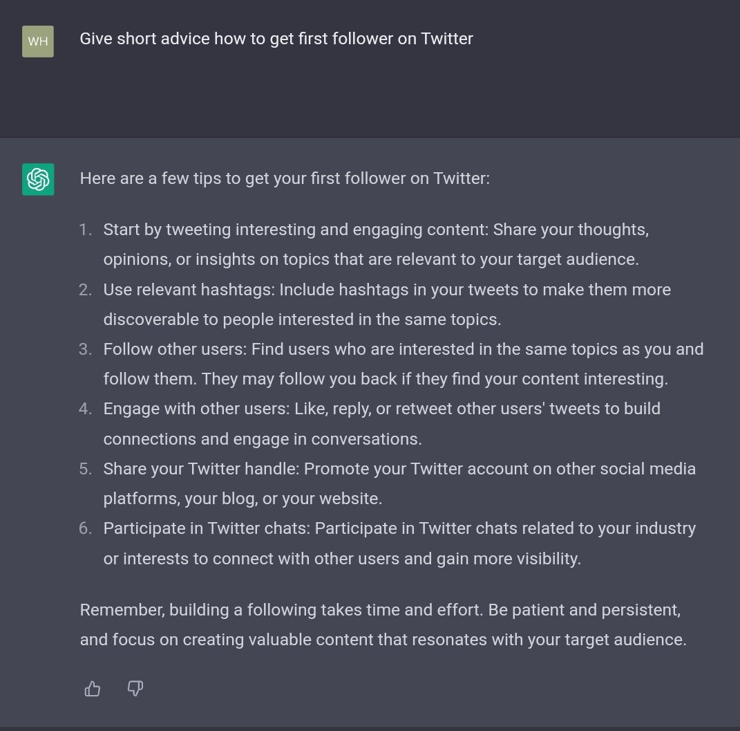 Now advice from #ChatGPT how to get my first follower here.
#AI #ChatGPT #aiadvice #Aigenerated