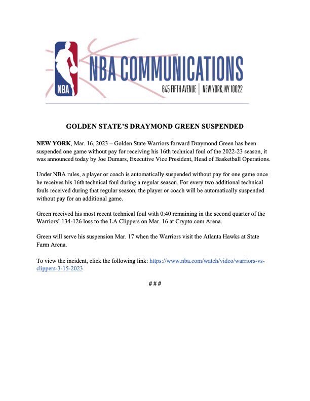 NBAPR's tweet photo. The following has been released by the NBA. https://t.co/U4IIHAIN3F