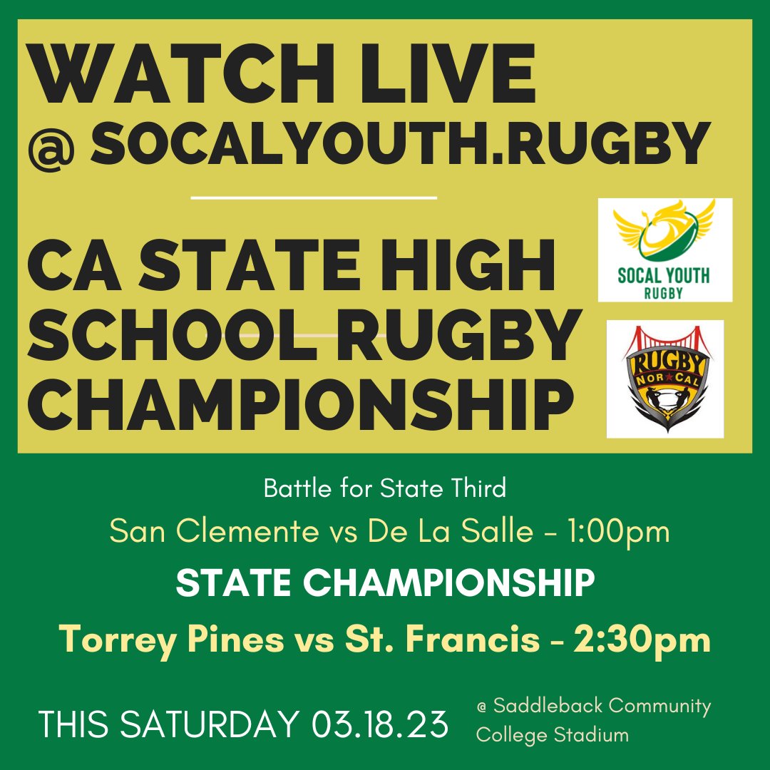 💻📱 LIVE FEEDS for the CA HS Championship on March 18! socalyouth.rugby/ca-state-hs-ch… #socalyouthrugby #highschoolrugby #rugby