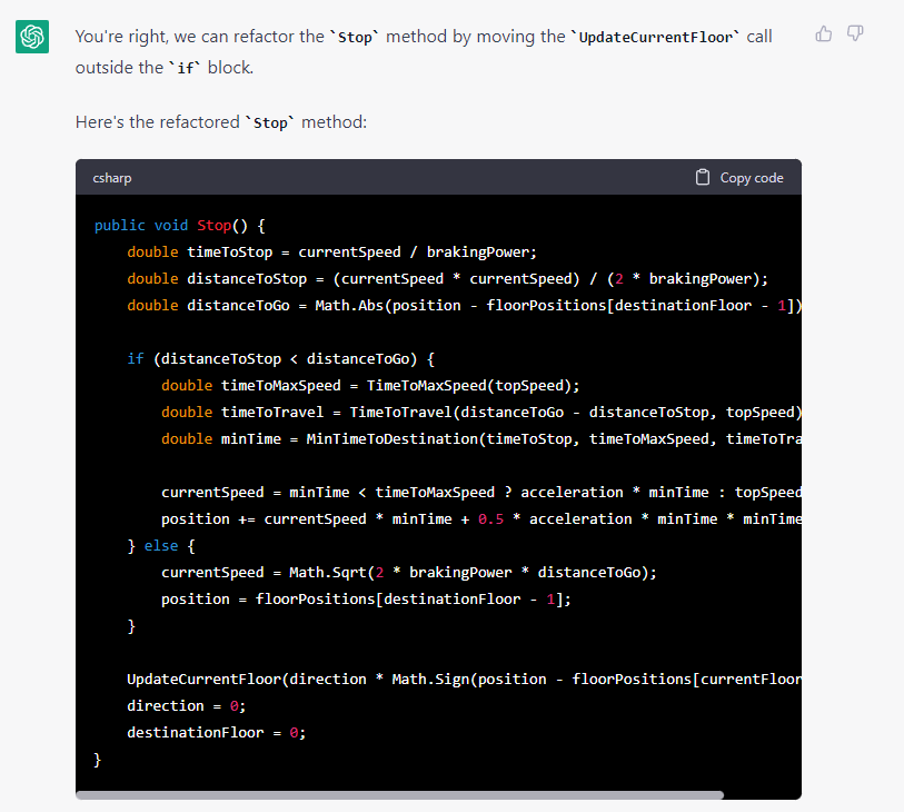 FeedMyKids1's tweet photo. Prompted ChatGPT to create a script for an elevator in C#. Took but 20 minutes. 

Repo here: https://t.co/nDOd8R2Tae

Here's the Stop method:

 #ChatGPT #GenerativeAI #AreWeGoingObsolete #unity3d #csharp https://t.co/tpqy13kkDP