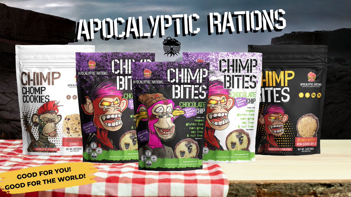 apocalyptratns's tweet photo. The wait is over @apocalypticapes and @AAPEQueens!​🚨​ 

Get ready to go bananas for the communities newest treats: Chimp Bites &amp; Chimp Chomp Cookies! ​🍌​​🍪​ These delicious gluten-free snacks will have you swinging from the trees!​

Check the thread below with a link to order: https://t.co/dgVT9v1dQe