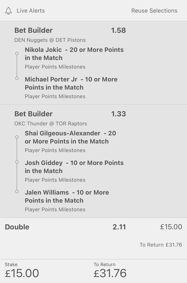 SS_Bets84's tweet photo. #NBA TIME! π
Our 2 game betbuilderππΌπ₯
- Jokic Over in L3 games, Over in L5 vs Pistons
- Porter Jr Over in L8/10 games
- SGA Over in L25 games
- Giddey Over in L9/10 games
- Williams Over in L9 games
Odds - 2.11π°
#NBAProps #NBAPicks #NBAParlay #GamblingTwitter https://t.co/PQZtagfL2c