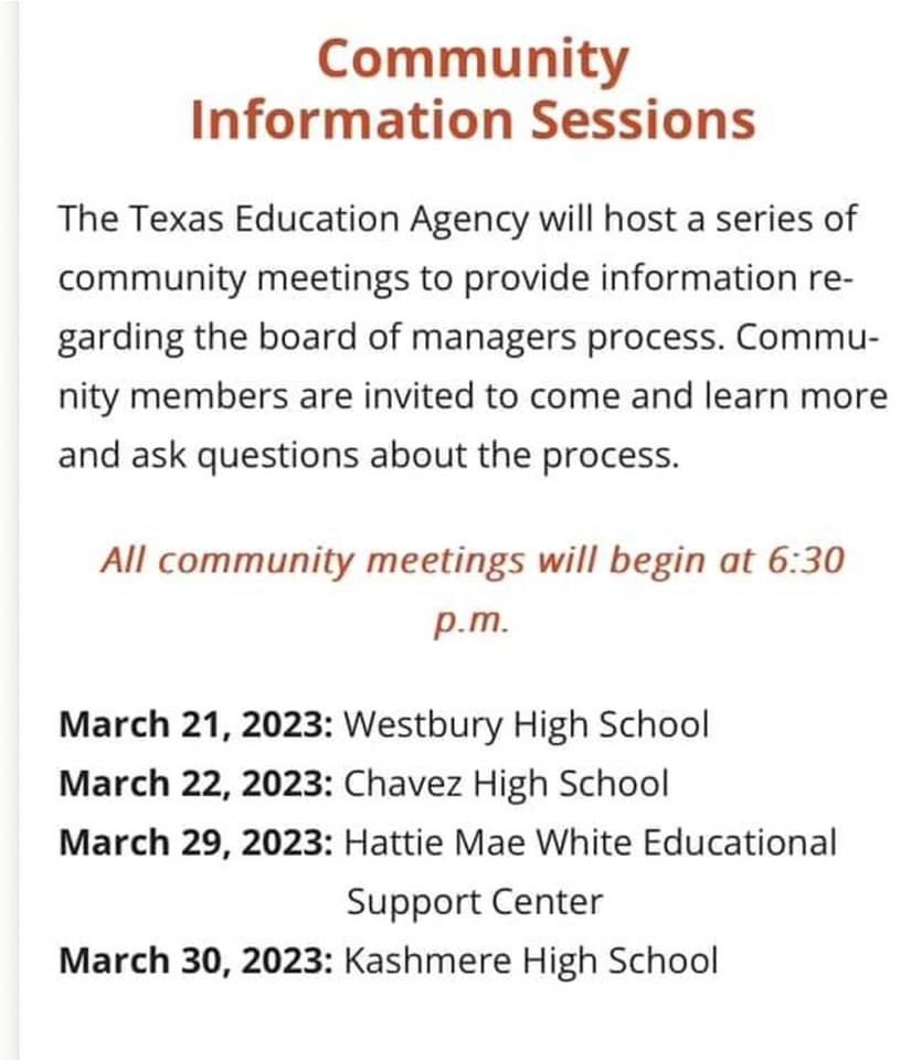 TEA Community Meetings... I never understood how HISD was able to takeover North Forest ISD; know they had their own issues and challenges. So here we are. Someone needs to help the children! @TexasEducation @HISDHighSchools @NorthForestHigh @BCElmoreTigers #education