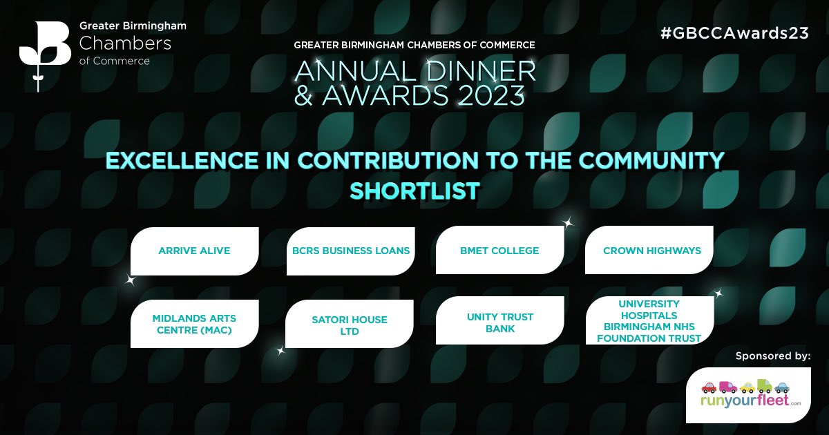 First is Excellence in Contribution to the Community, sponsored by @runyourfleet. 

Good luck - @Arrive_AliveUK @B_C_R_S  @BMetC  @CrownHighways  @mac_birmingham Satori House Ltd @unitytrustbank and  @uhbtrust 🙏

#GBCCAwards23