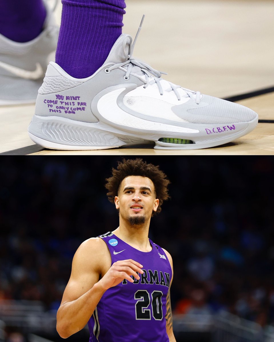 BleacherReport's tweet photo. “You ain’t come this far to only come this far.” 💯

Furman senior Jalen Slawson wrote this on his sneakers heading into March Madness.

Today, the Paladins upset No. 4 seed Virginia 🔥 https://t.co/rt2JADmYl2