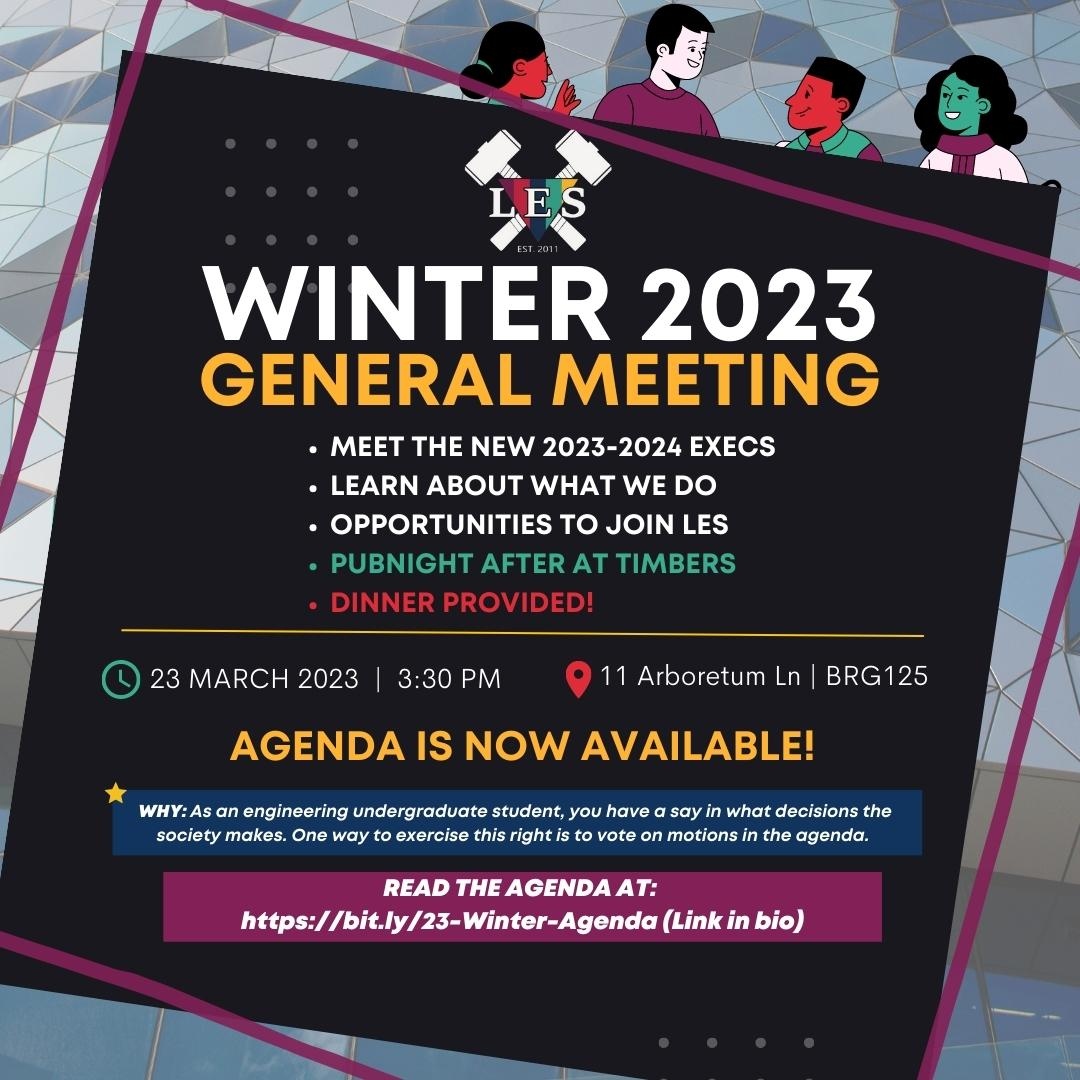 lasengsoc's tweet photo. Come to the LES Semi Annual General Meeting (SAGM) !! 

Drink tickets will be given to first 40 students who come to SAGM. 
    ⁠
Meet us in the Bergeron Centre For Engineering Excellence in Room BRG125 on March 23 @ 3:30PM. 

READ THE AGENDA AT: 
https://t.co/UUSxgpRT8e https://t.co/x8XZGzC5Wj