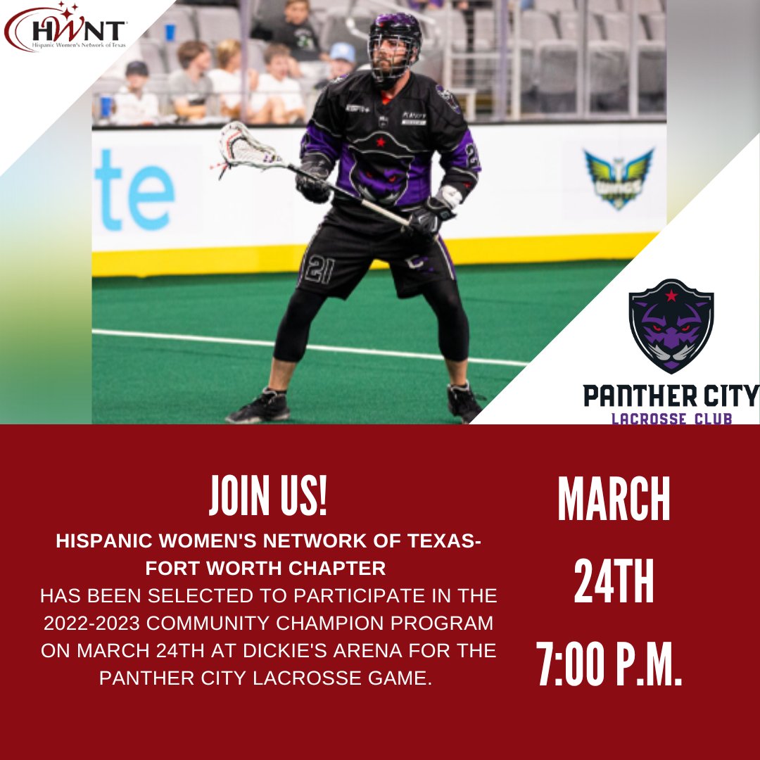 HWNT Fort Worth (@hwntfw) on Twitter photo We are a week away from Hispanic Heritage Night for Panther City Lacrosse. Please join us. We are a week away from Hispanic Heritage Night for Panther City Lacrosse. Please join us.
