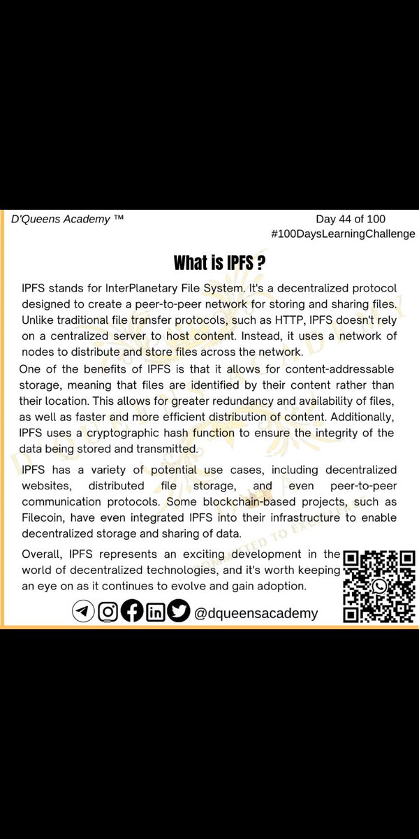 Day 44 Of 100

#100DaysLearningChallenge  

The Interplanetary File System (IPFS) is a distributed file storage protocol that allows computers all over the globe to store and serve files as part of a giant peer-to-peer network.