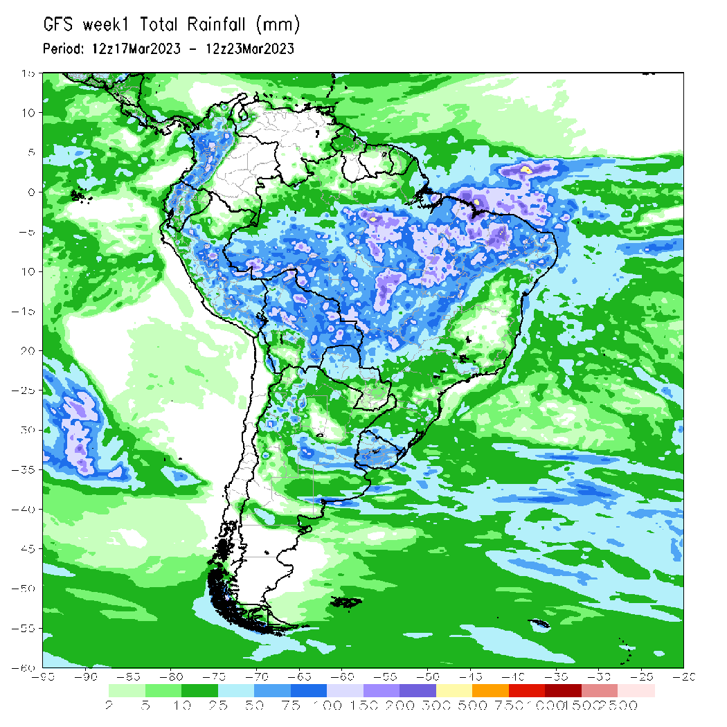 Siguen las buenas noticias ! El modelo #GFS prevé para 17 a 23 marzo, importantes #Lluvias sobre centro y E de #Argentina y sur de #Uruguay con montos entre 50 y 75 mm e incluso mayores en áreas localizadas. 🙏