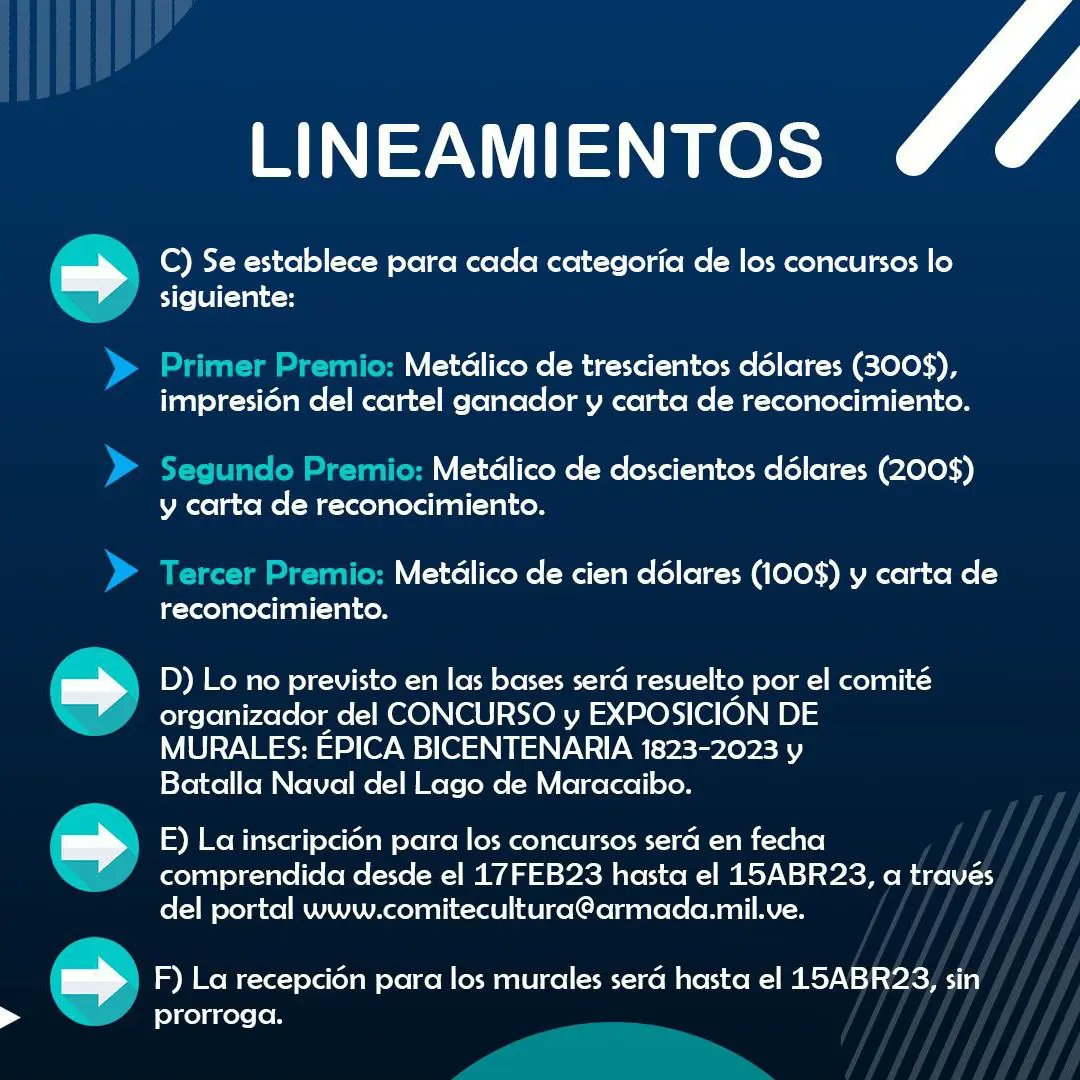 🥇Es Contigo‼️La <a href="/ArmadaFANBVzla/">Armada_ve</a> te invita a participar en el Concurso de Murales enmarcado en el Bicentenario de la Batalla Naval del Lago de Maracaibo y Día de la Armada Bolivariana. 
👉Desliza y chequea los lineamientos📖
¡Tienes hasta el 15 de abril del 2023!
<a href="/NicolasMaduro/">Nicolás Maduro</a>
