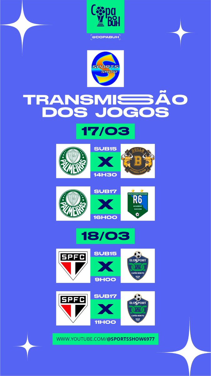 CopaBuh's tweet photo. Esses serão os jogos com transmissão ao vivo desta rodada, já se inscreve no canal da Sportshow no YouTube para não perder. https://t.co/wL9v6FffjE