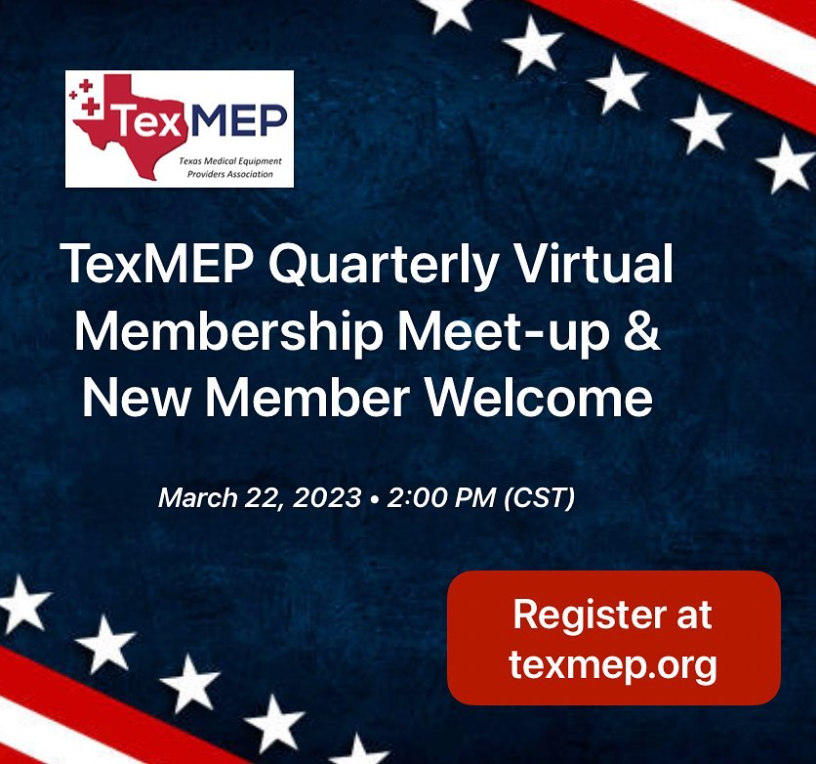 TexMEP's tweet photo. TexMEP Members: Join us for a casual membership meeting as we review our recent activities and upcoming plans & events. This is an open-discussion call.
Details & registration at https://t.co/69N82b5rhp
#DME #DMEPOS #HME #TexMEPEvents https://t.co/sQqJTrGAgW