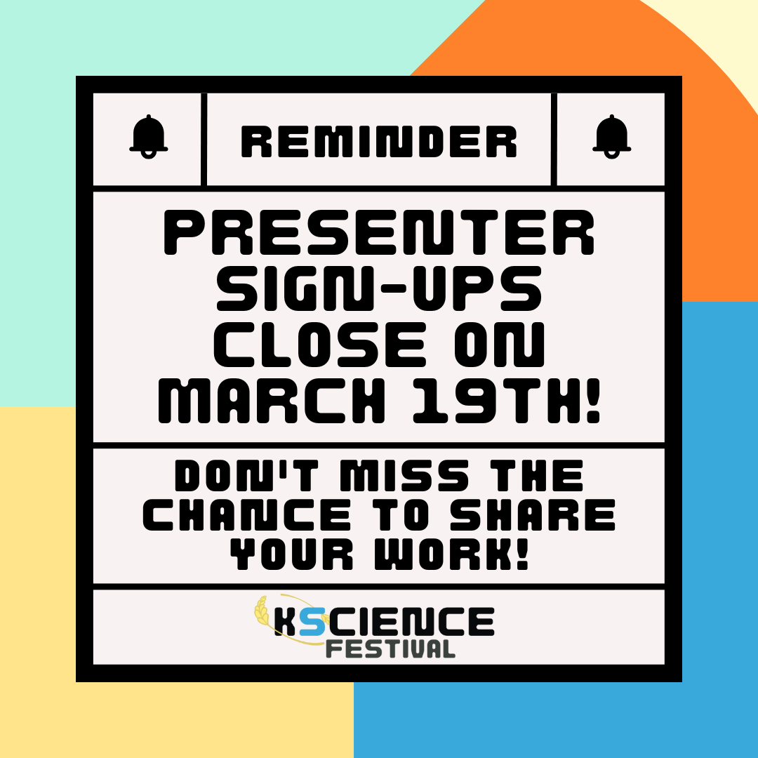 KScienceFest's tweet photo. Don't miss the chance to share your passion at the 2023 Kansas Science Festival! Visit our website to register and learn more about this year's festival.
(Registration form must be submitted by 5 p.m. March 19th to participate.)
#scienceks #ksciencefest https://t.co/JgGmomyvH6