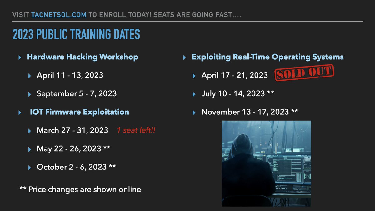 tacnetsol's tweet photo. New public dates for #hardwarehacking, #iotexploitation, and #rtosexploitation!! Sign up and come learn from TNS experts. #training #iot #rtos #hardware #hacking #mips https://t.co/vOrwJ82UCE