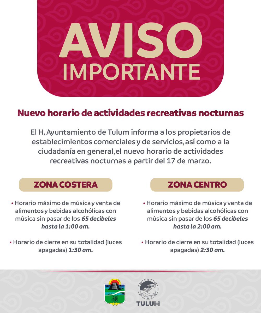 diegocastanonmx's tweet photo. ⚠ Les comparto el nuevo horario de actividades recreativas nocturnas en Zona Costera y Centro de #Tulum
#tulumseguro #quintanaroo https://t.co/EWmMLJZNdh