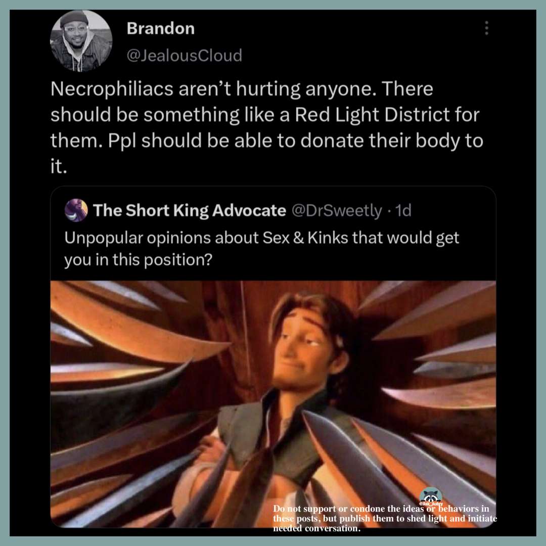 ask_aubry's tweet photo. Necrophiliacs aren't hurting anyone? Hello FBI? https://t.co/J9zzIy2zPQ