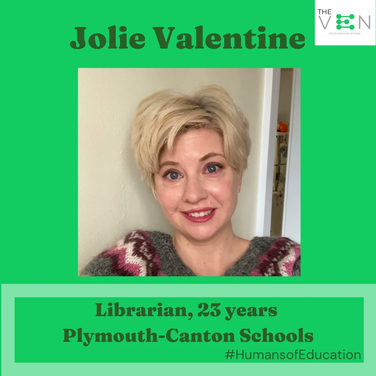 TheOfficial_VEN's tweet photo. Say hello to Jolie @FieldSchLibrary, a librarian of 23 years!
Jolie was inspired to become an educator after observing the need for students to have downtime at school outside of the classroom. #plymouthcantonschools #TheVEN #HumansofEducation #virtualeducatornetwork https://t.co/R4ZGNnwzkJ