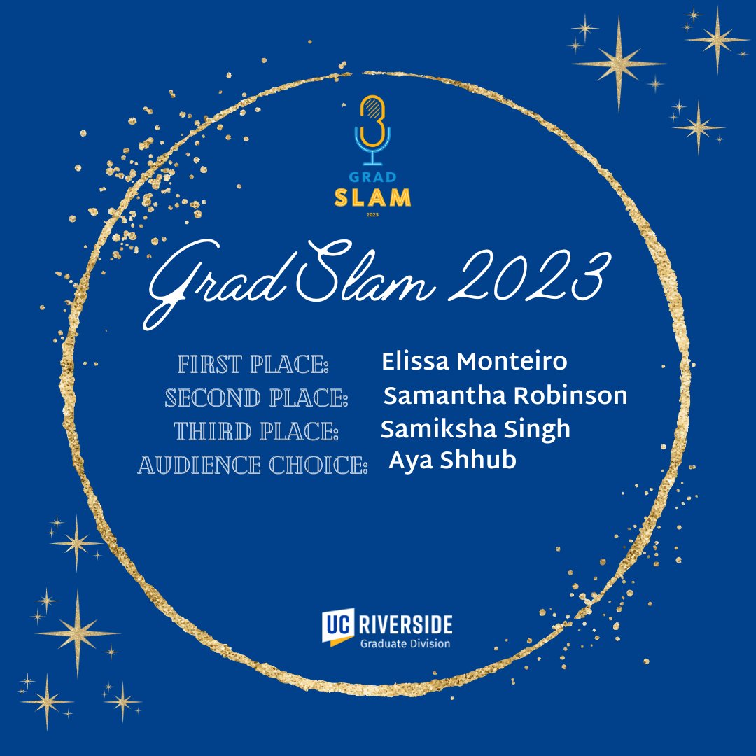 UCRGradSuccess's tweet photo. Please join us in congratulating our 2023 UCR Grad Slam winners! We are so proud of all of this year's amazing competitors! And keep an eye out for more information about the UCOP Grad Slam Final, where Elissa will represent UCR. You got this Elissa!!! #UCRGradSlam #GradSlam2023 https://t.co/6lB3tXTlVM