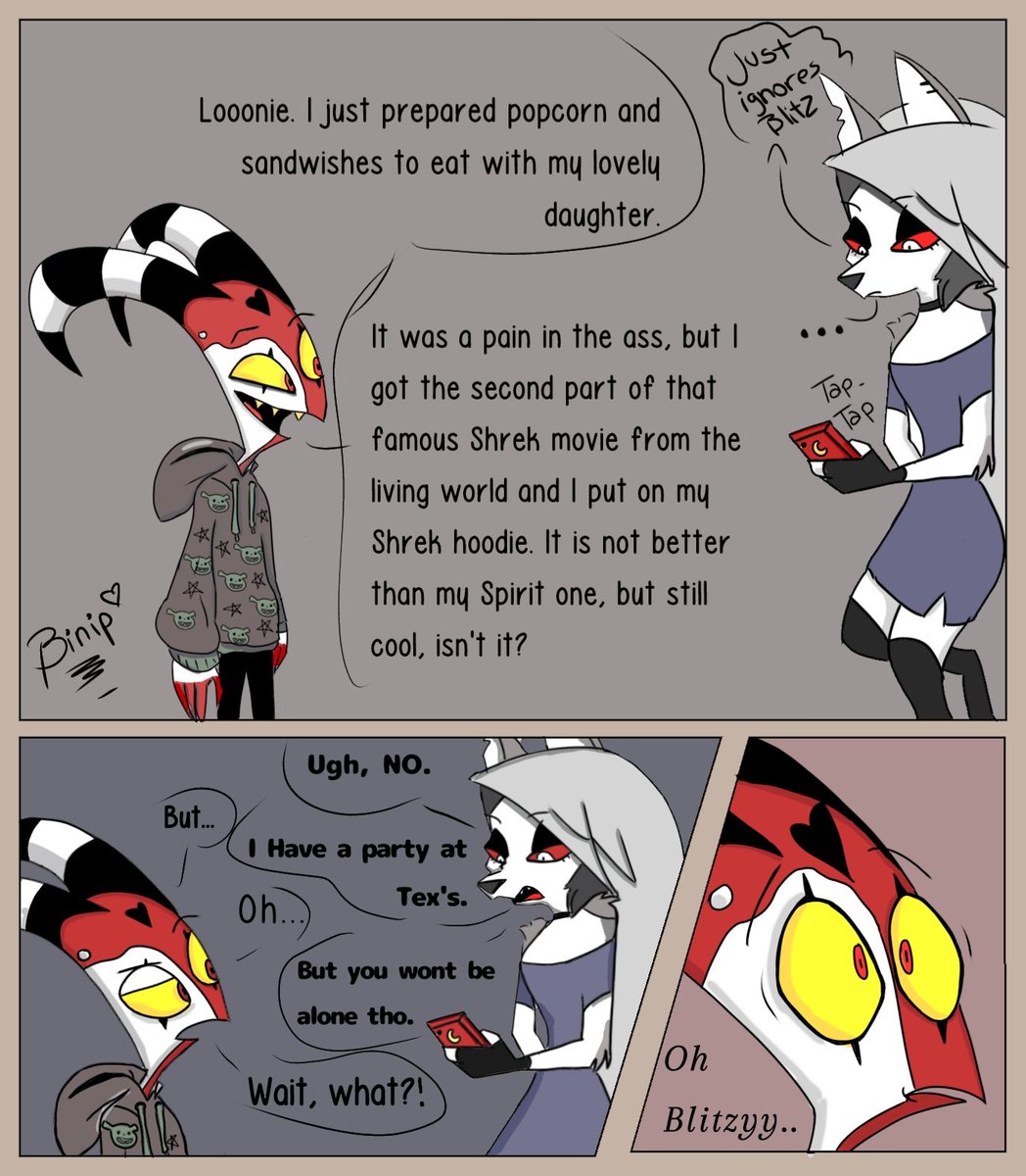 Ms_binip's tweet photo. Blitzø likes Shrek, but nothing beats Spirit. 🐴💖
-

As I promised, a comic for reaching 100 followers. :)

Thank you all!

#HelluvaBoss #HelluvaBossFanart #HelluvaBossLoona #Blitzø #Blitz #Stolas #Stolitz  #Moxxie https://t.co/miQOTdTm86
