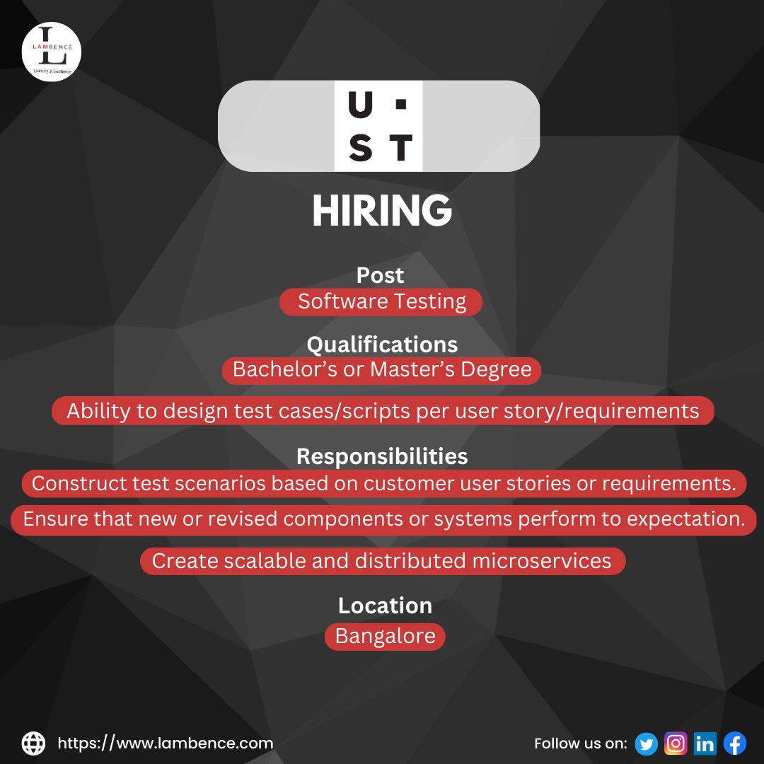 lambence's tweet image. Are you a software testing enthusiast seeking new career opportunities? UST is hiring a Software Testing Engineer in Bangalore!

Apply Now: lnkd.in/g7_CS9Cb

#SoftwareTestingEngineer #UST #BangaloreJobs #CareerOpportunity