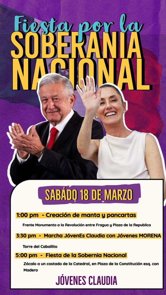 maria_celestess's tweet photo. ¡Acompáñanos a marchar el 18 de marzo en la Fiesta de la soberanía nacional!

Comenzaremos la jornada en Revolución con la elaboración de playeras y pancartas en apoyo a la Dra. @Claudiashein y al presidente @lopezobrador_

Después partiremos a El Caballito para marchar al Zócalo https://t.co/lAFe7F17CL