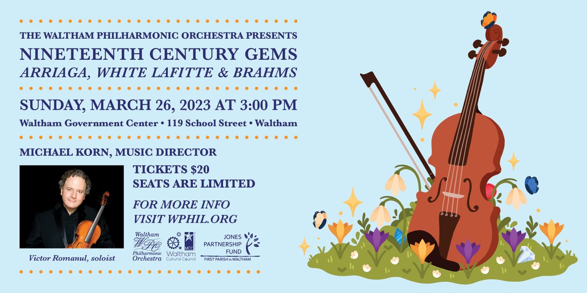 Don't miss out on this gem of a concert, featuring guest soloist renowned violinist Victor Romanul! Read our interview with Victor here. wphil.org/guest-soloist-… Sunday, March 26, 3PM, Waltham Govt Ctr for a sparkling good time! Purchase tkts here: eventbrite.com/e/19th-century…