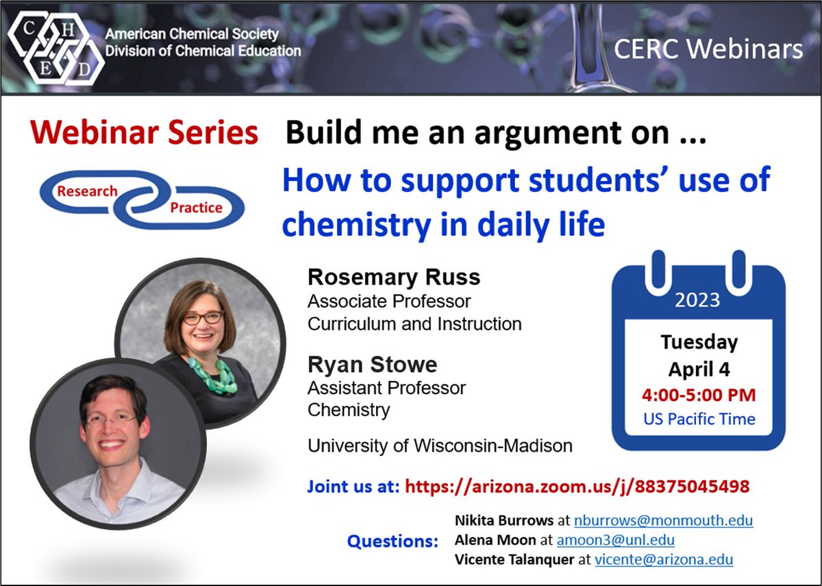 Please, join us for our next DivCHED-CERC Webinar with Dr. Ryan Stowe and Dr. Rosemary Russ on Tuesday April at 4 PM (PST) at arizona.zoom.us/j/88375045498. Share this information with anyone interested in chemistry education.