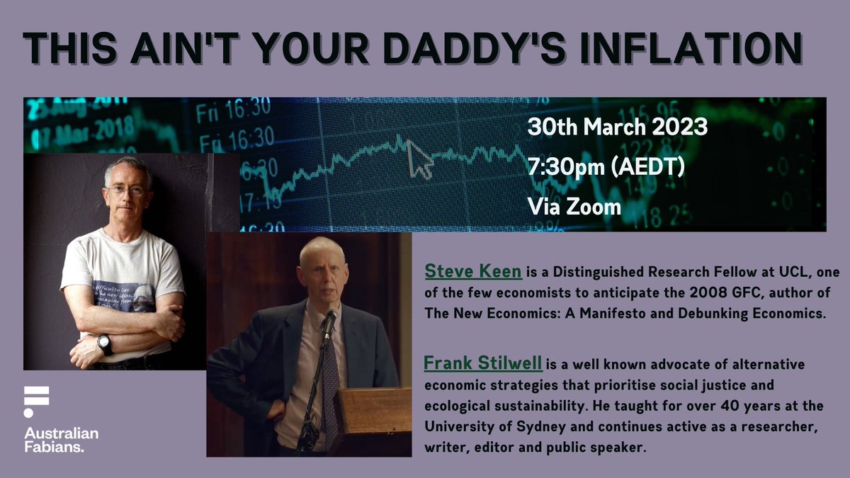 The cost of living is rapidly rising. 
What’s driving it? What are the consequences? And how should we respond?
Hear from renegade economists Professor Steve Keen and Frank Stilwell and join the debate. <a href="/frank_usyd/">Frank Stilwell</a> <a href="/ProfSteveKeen/">Dr. Steve Keen</a>
Registration essential: fabians.org.au/this_ain_t_you…